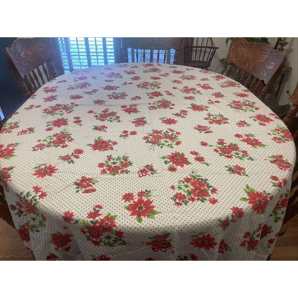 Vtg Christmas Tablecloth White w/ Red Poinsettia & Bells Green Polka Dots 58x81”